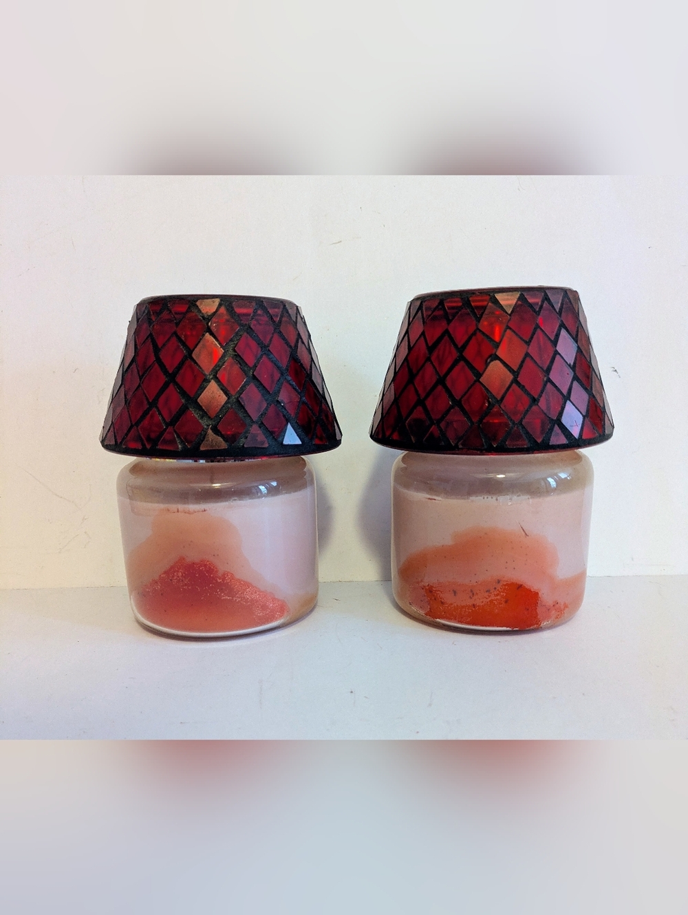 Candles Bundle 2 Red Mosaic Glass Tops Pink Base Decorative Home Accent Cinnamon
